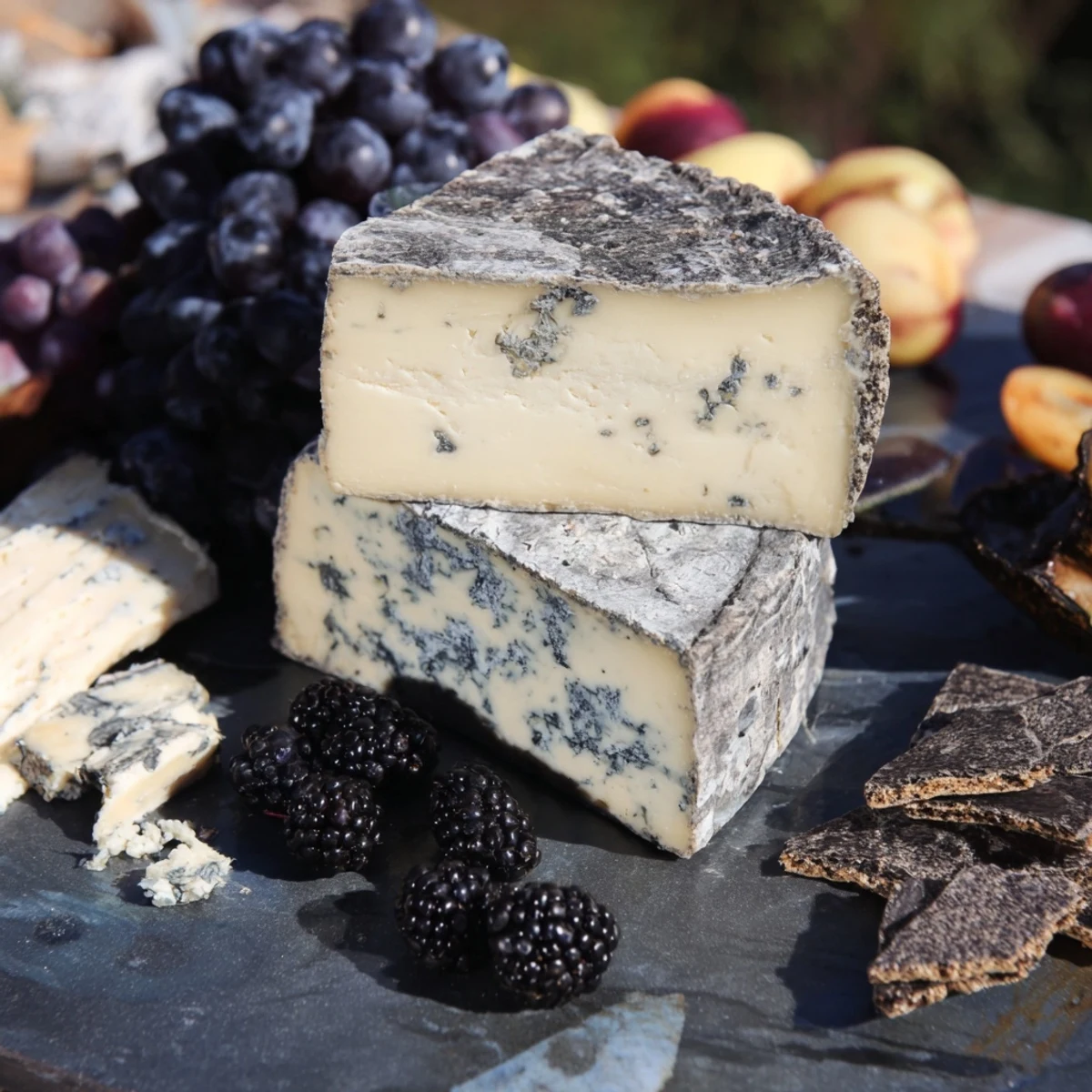Exquisite Monochrome Gray Stone Cheese Board, showcasing ash-rinded cheeses with dark crackers for a sophisticated appetizer.