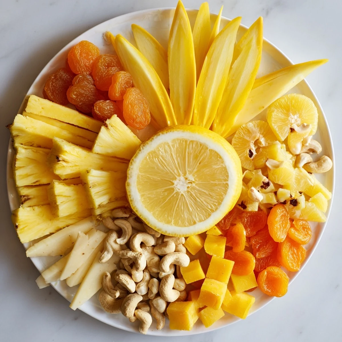 A vibrant Sunny Yellow Citrus Burst grazing board overflowing with fresh fruit, cheeses, and yellow veggies.