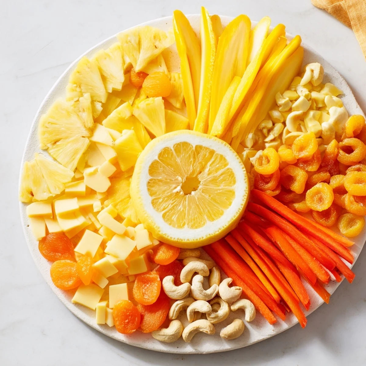 This beautiful Sunny Yellow Citrus Burst platter showcases a cheerful arrangement of sunshine-hued ingredients, perfect for sharing.