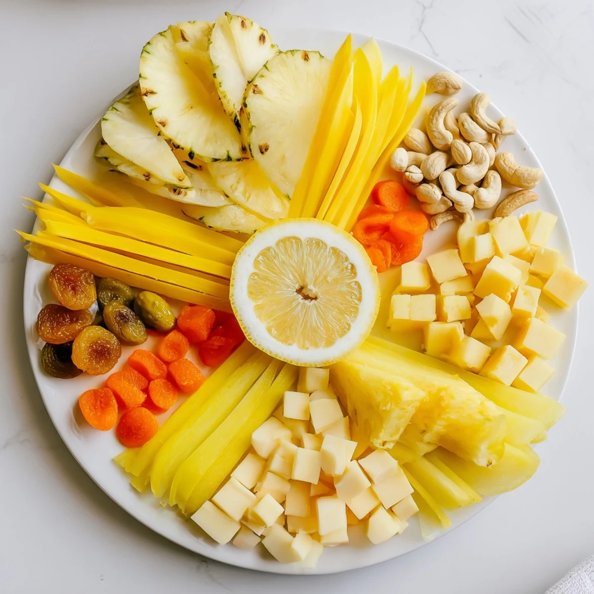 Enjoy the bright colors of a Sunny Yellow Citrus Burst, a lovely appetizer with Gouda and yellow tomatoes.