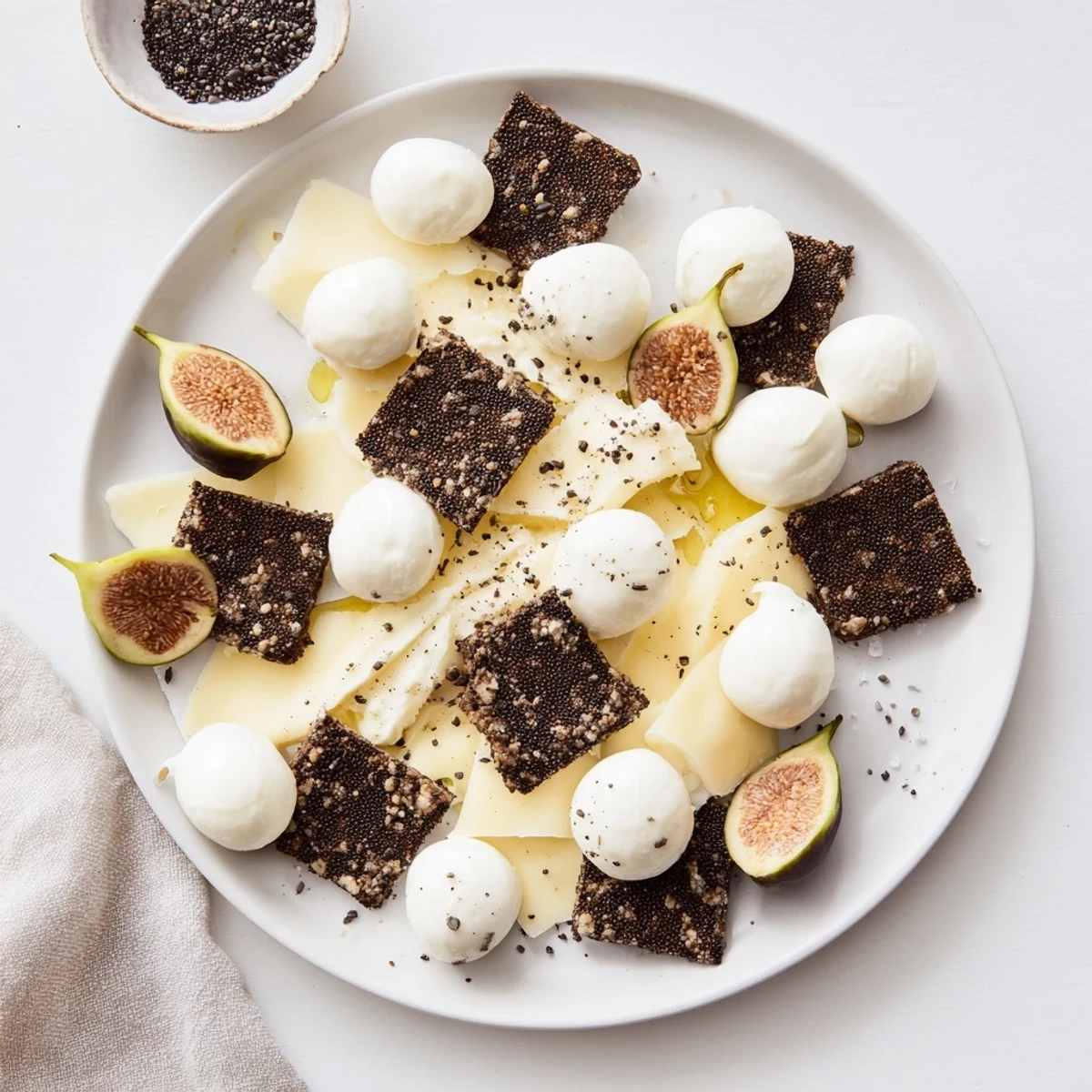 Elegant Black and White Formal Affair appetizer platter, featuring fresh mozzarella and black olives in artistic patterns.