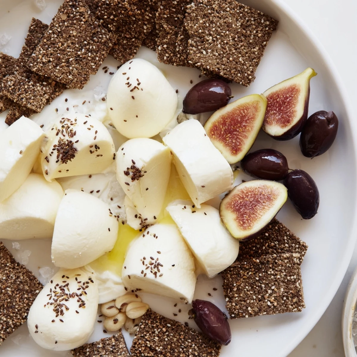 A sophisticated presentation of a Black and White Formal Affair—rye bread, cheese, and figs awaiting a savory bite.