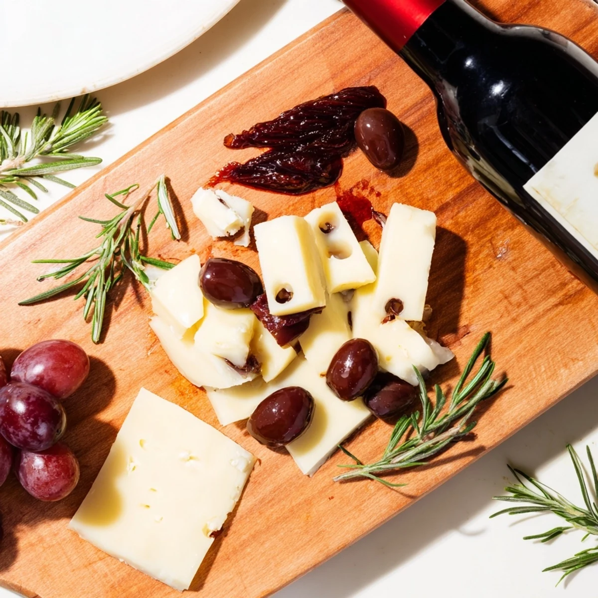Elegant Ruby Red Wine Stain Board with cheese, cured meats, and wine-soaked grapes.