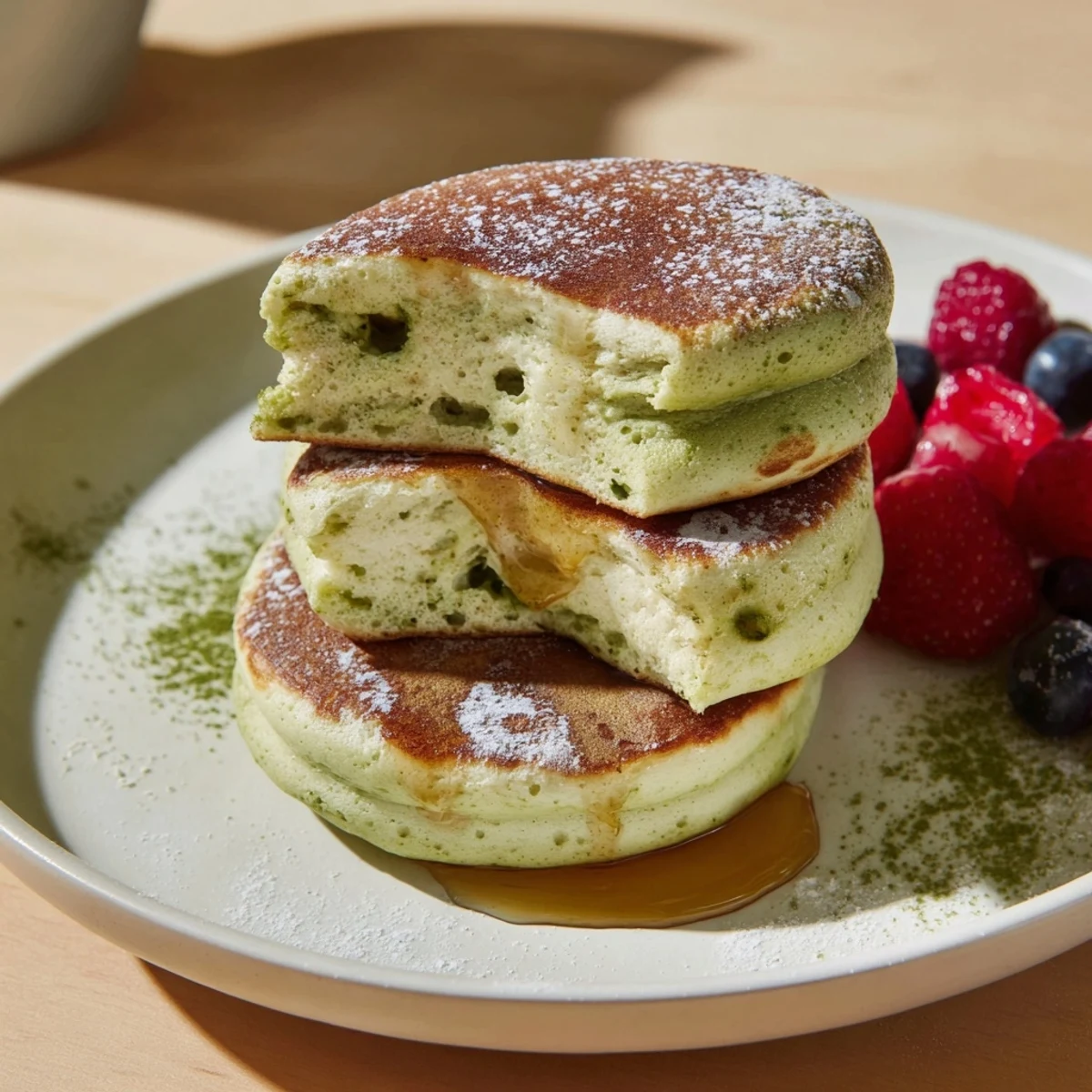 Freshly cooked Egg White Gingerbread Matcha Soufflé Pancakes: light and flavorful with matcha essence and spices.