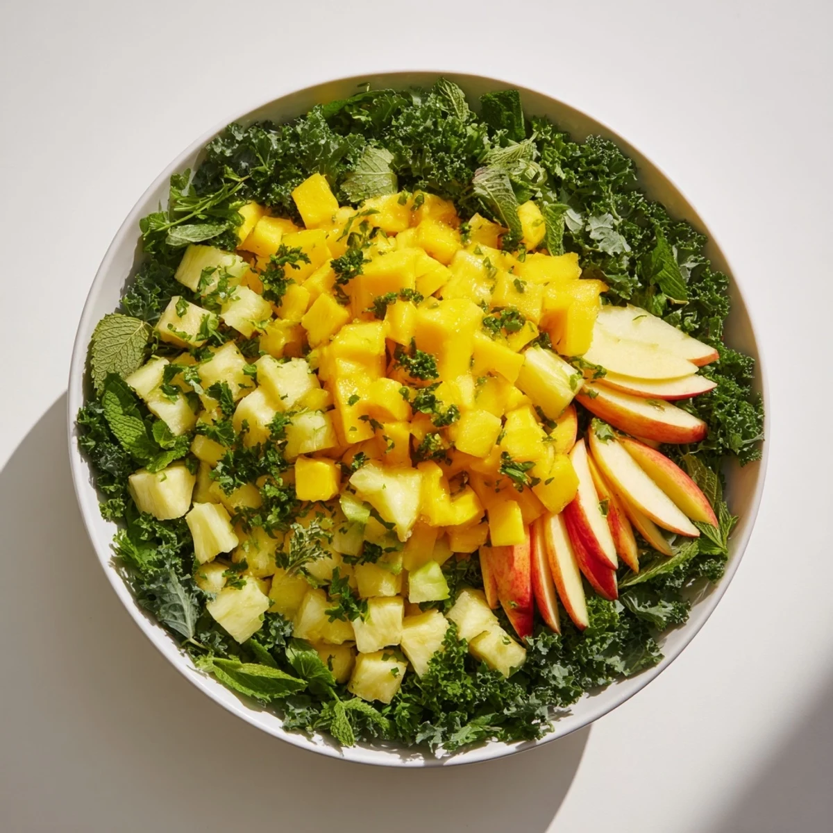 Imagine the Sunlit Glade: a beautiful vegan salad showcasing fresh golden fruits and luscious greens.