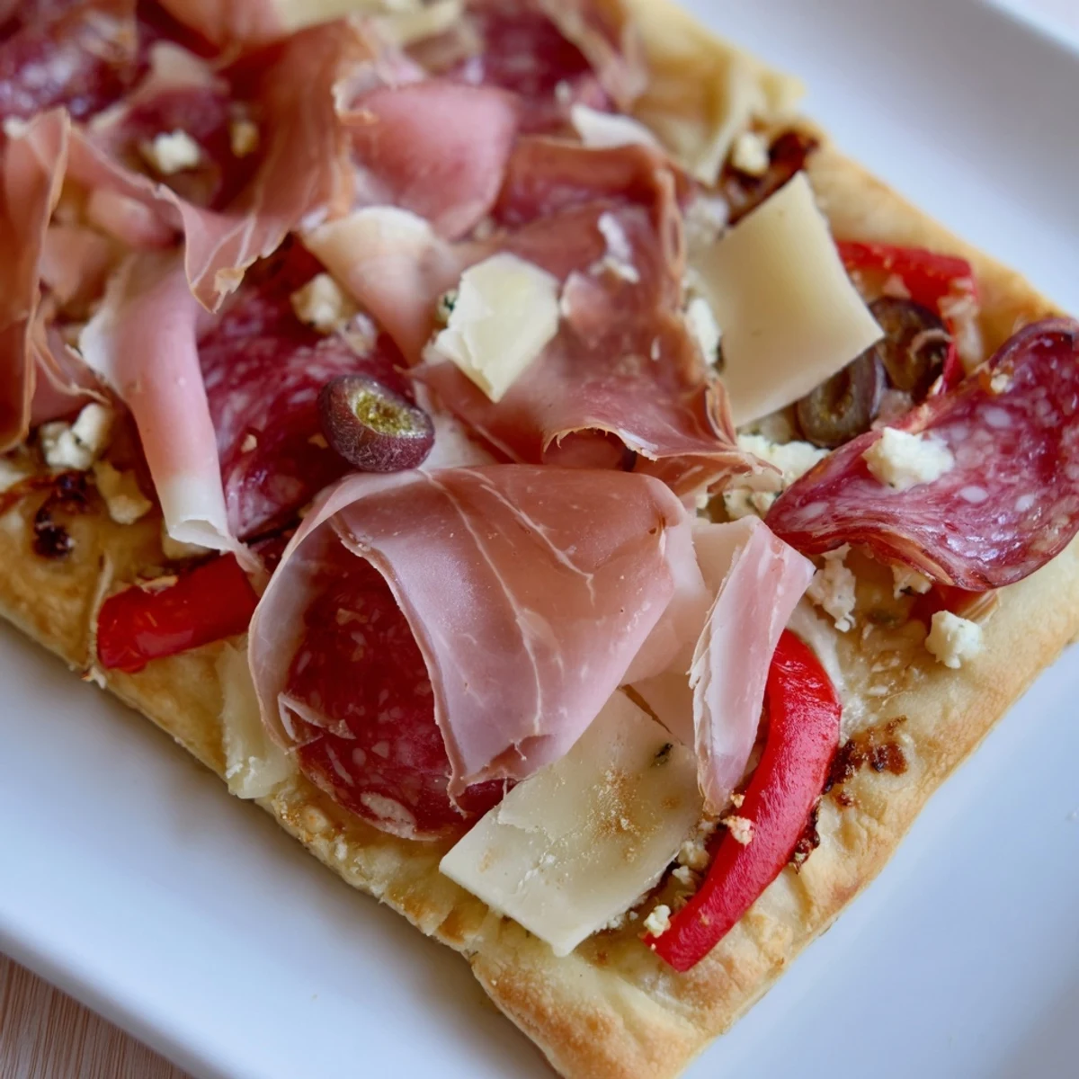 Savory The Rustic Raft appetizer with an appealing arrangement of salami, prosciutto, and ripe tomatoes.
