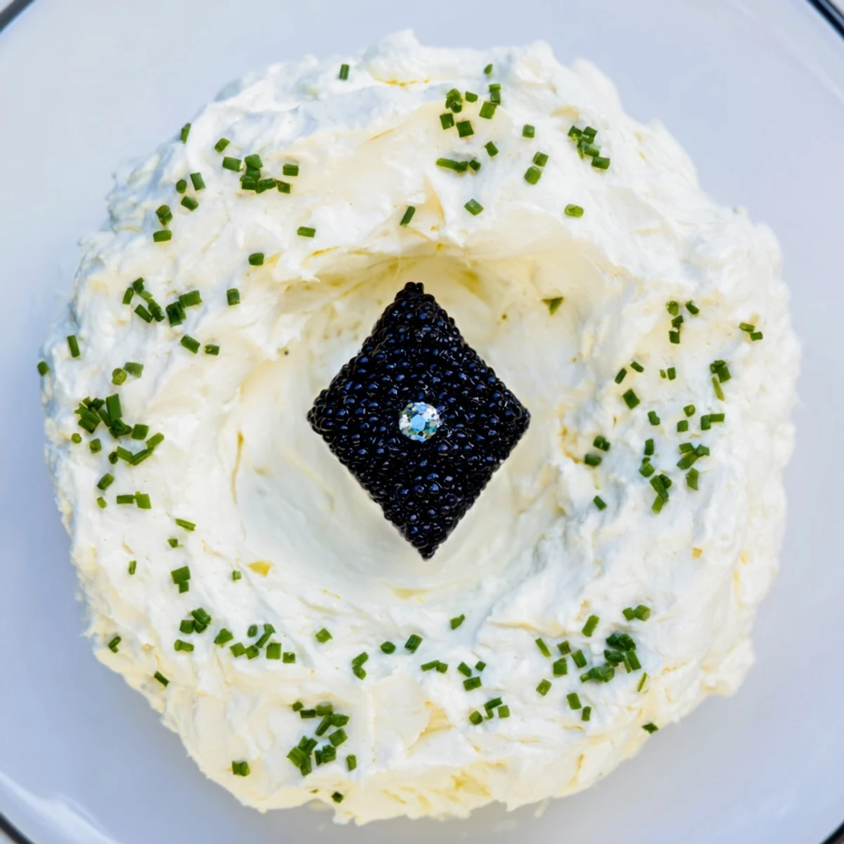 Elegant The Diamond Inlay appetizer, featuring a diamond of caviar surrounded by creamy whipped cheese.