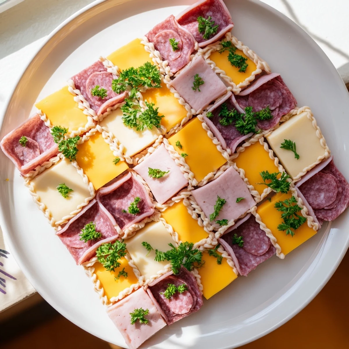 A colorful and delicious Patchwork Quilt appetizer, arranged with meats, cheeses, and tangy mustard.