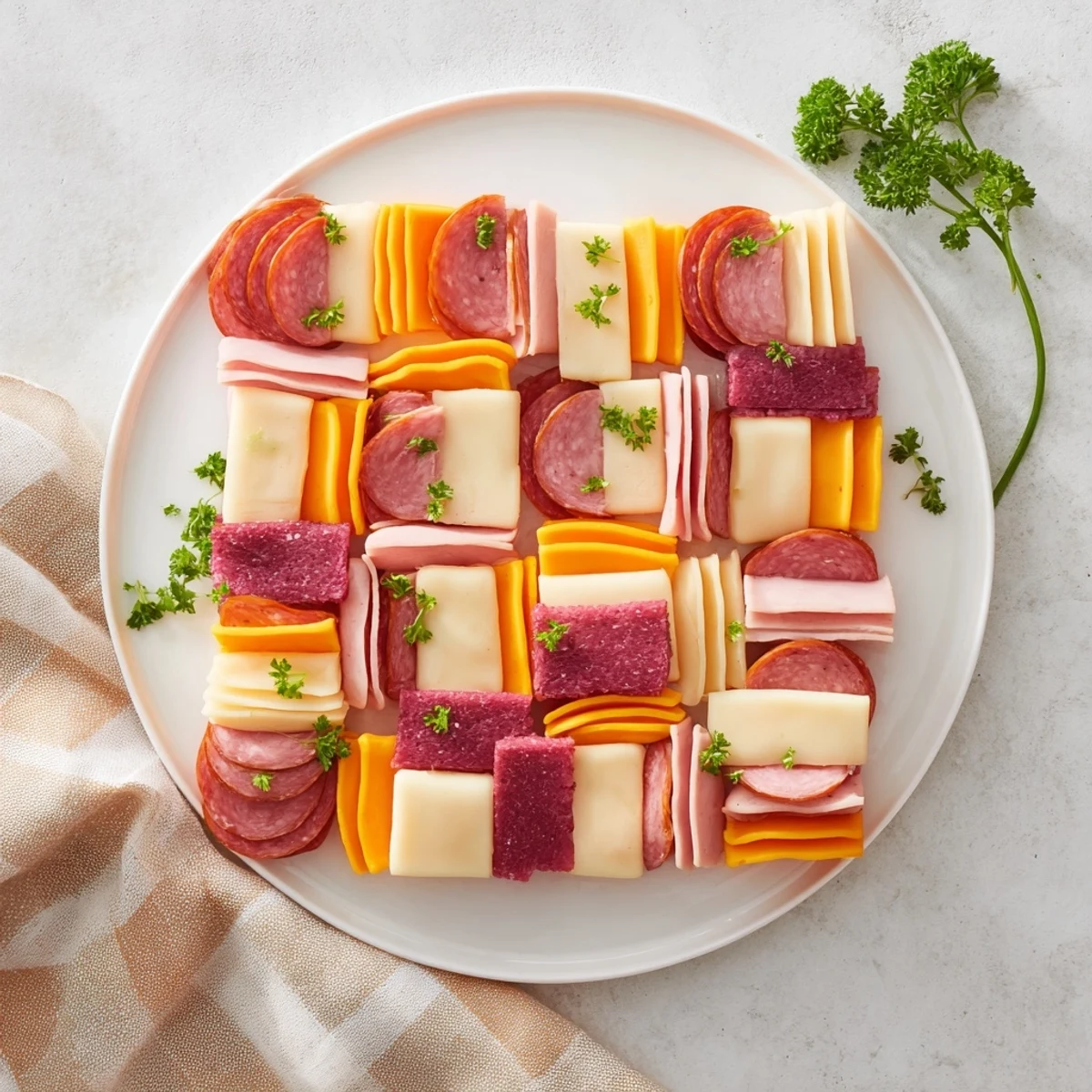 Enjoy a savory Patchwork Quilt: a festive, easy appetizer with sliced meats, cheeses, and mustard "threads."