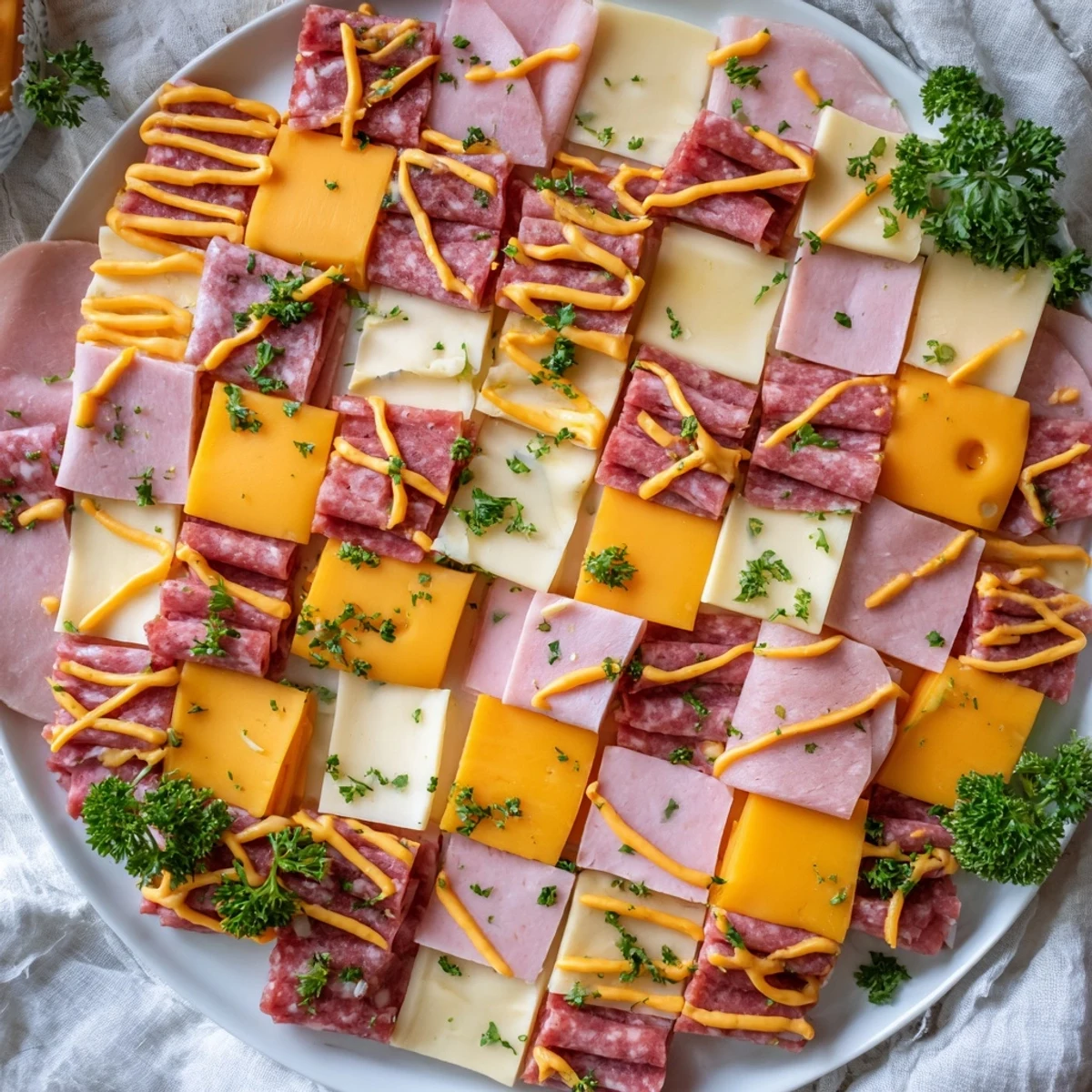 This appetizing Patchwork Quilt features a delightful mix of meats and cheeses beautifully stitched with mustard.