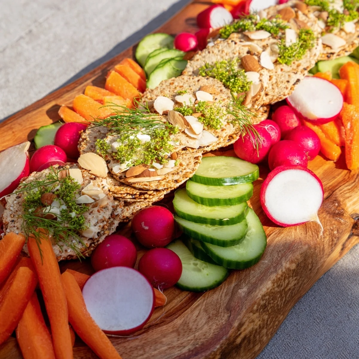 Symmetrical "Zen Balance" recipe arrangement with fresh herbs, almonds, cucumbers, and perfectly halved radishes.