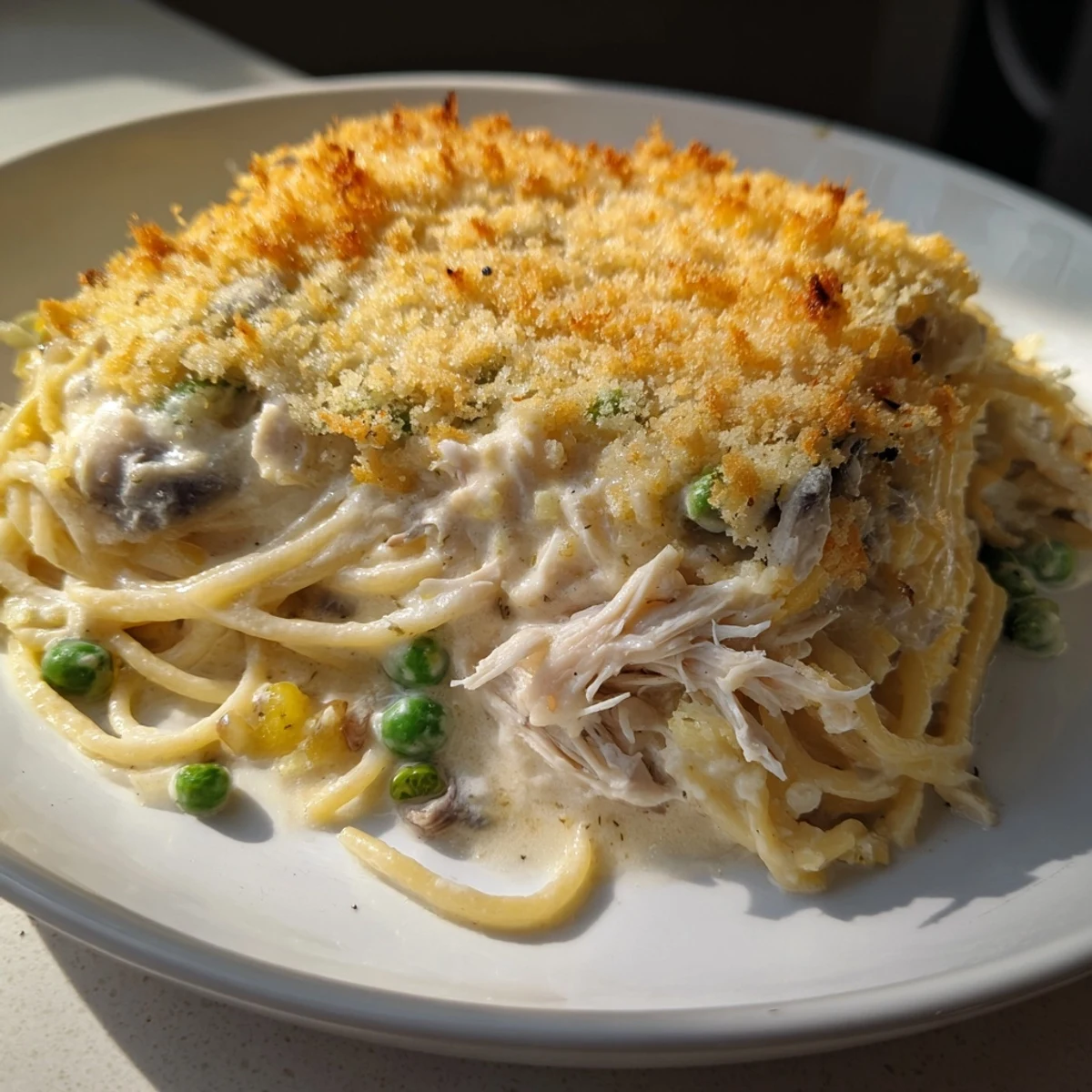 Imagine a warm bowl of Turkey Tetrazzini: pasta, chicken, and a bubbly, browned parmesan topping for a cozy meal.