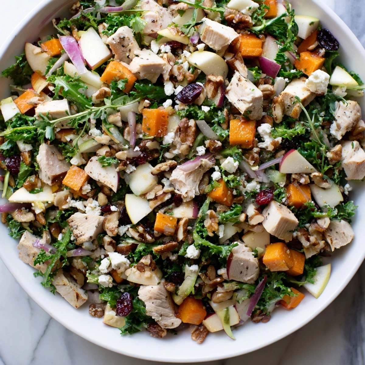 Hearty Chicken and Apple Winter Salad, with cranberries and pecans, is the perfect winter meal.