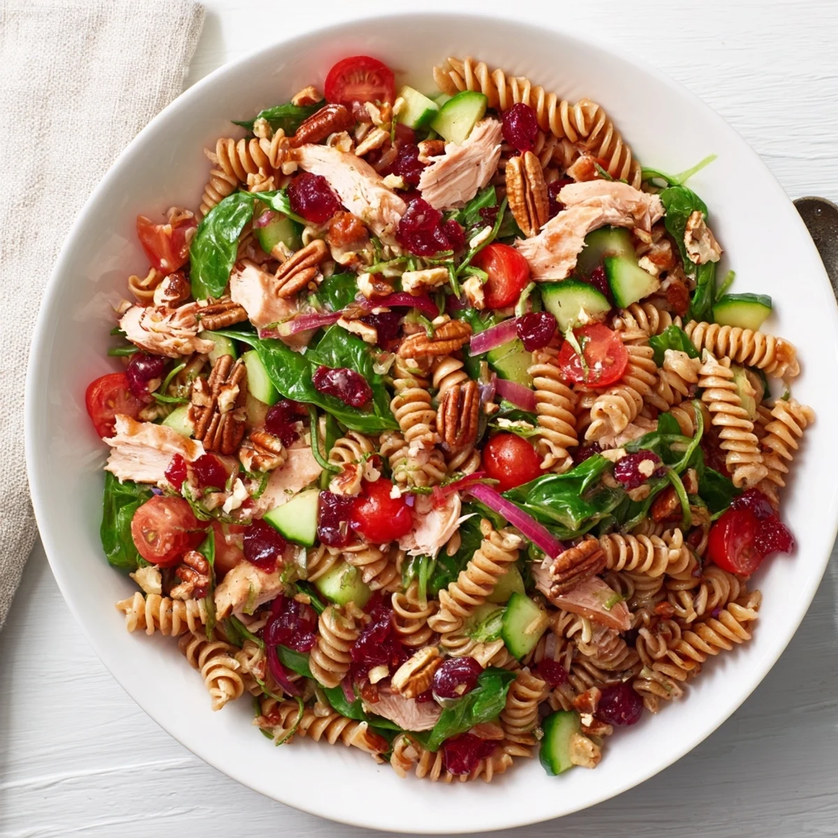 Pasta Salad with Cranberry Vinaigrette, tossed with colorful veggies and chicken, ready to eat.