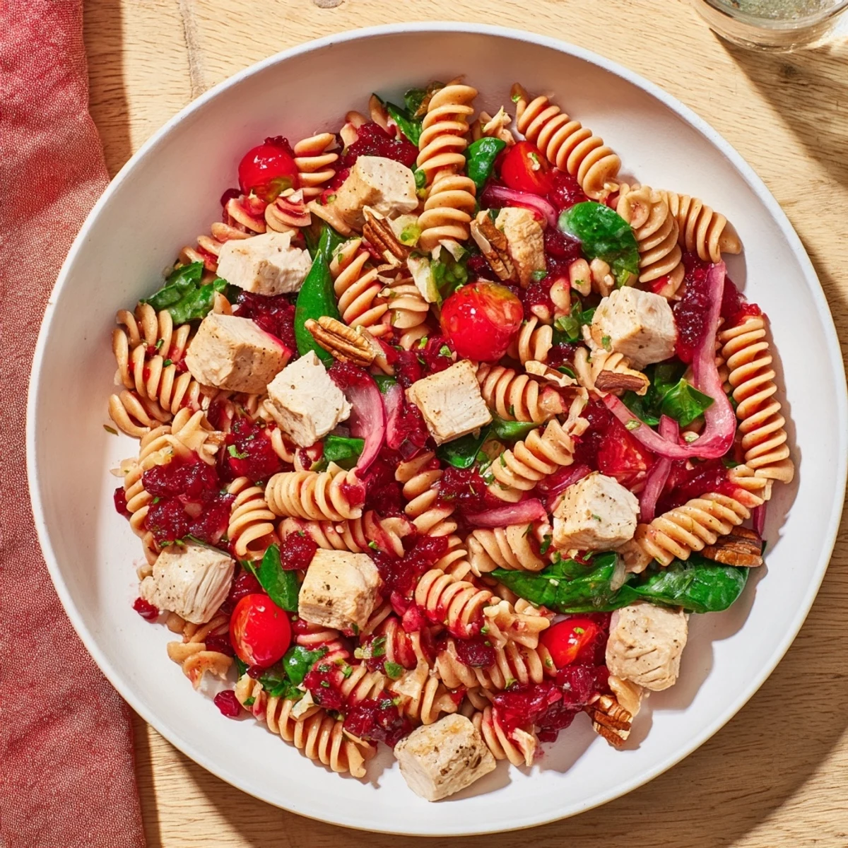 Top-down view of a flavorful Pasta Salad with Cranberry Vinaigrette, with a creamy, rich vinaigrette.