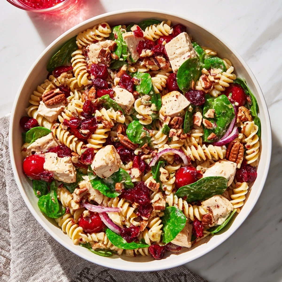 Refreshing Pasta Salad with Cranberry Vinaigrette features rotini, chicken, and a vibrant cranberry dressing.