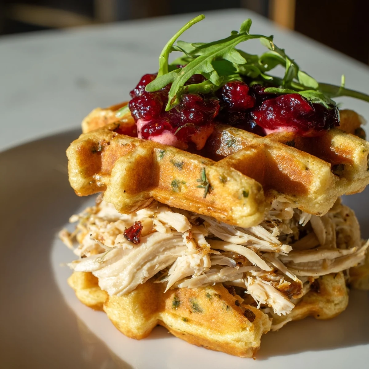 Close-up of a delicious stuffing waffle chicken slider, a perfect bite of festive flavors.