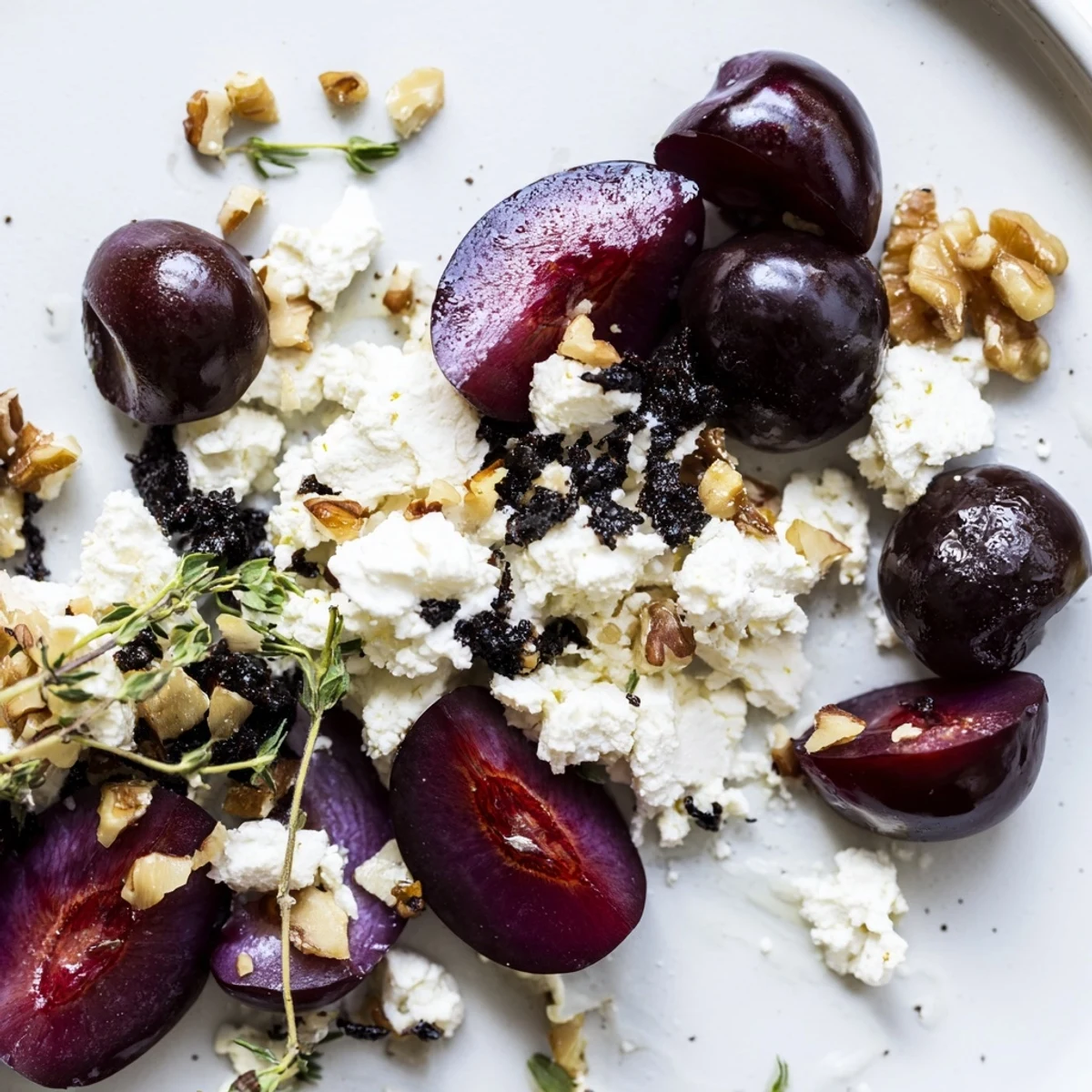 A visually appealing Midnight Orchard appetizer with a mixture of fruit, cheese, and garnishes.