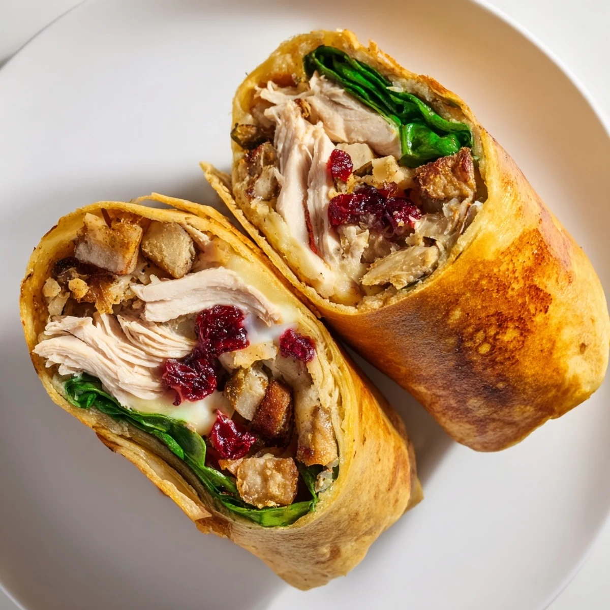 Golden, toasted Moist Maker Chicken Wrap, oozing with savory gravy and cranberry sauce, ready to eat.