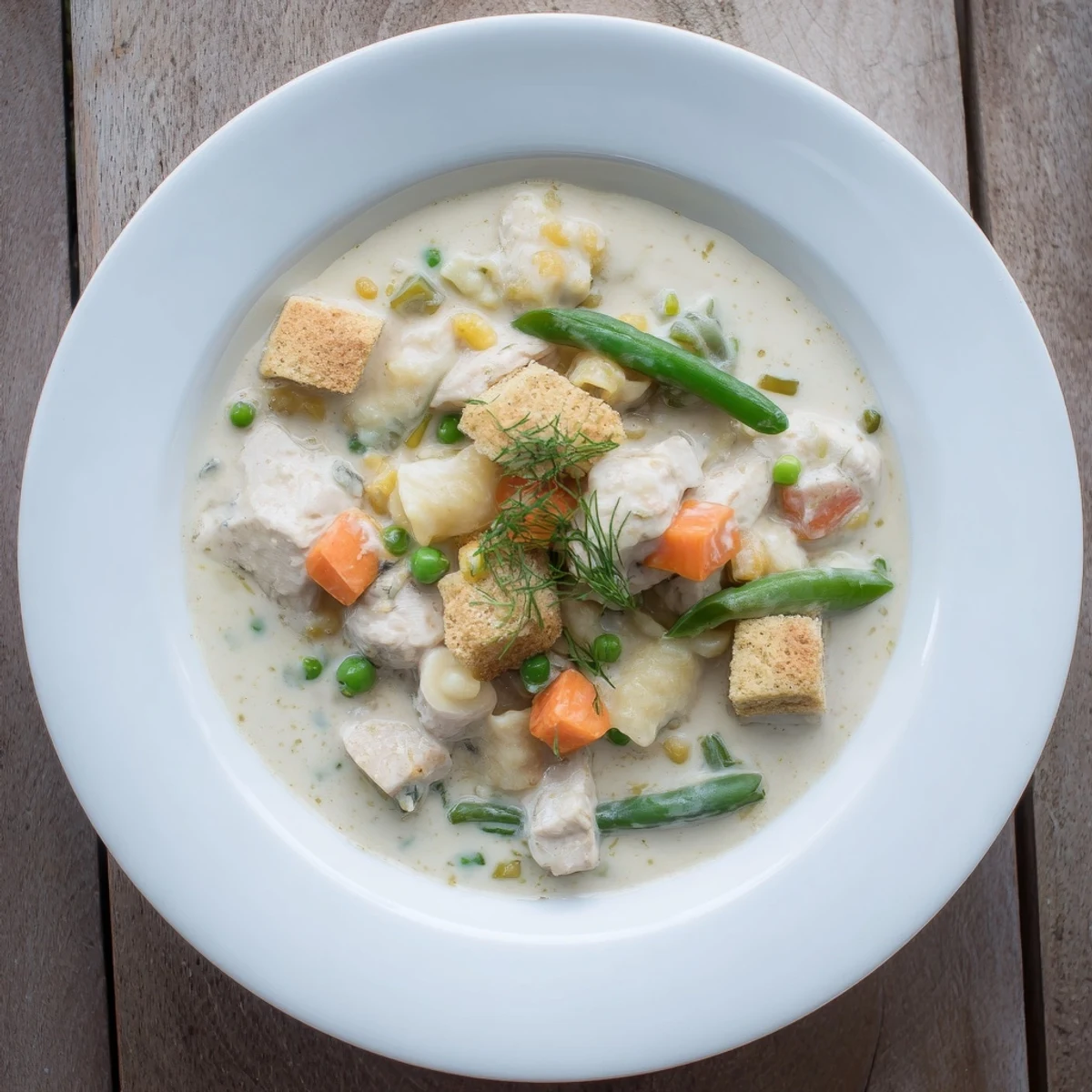 Creamy Chicken Pot Pie Pasta Soup, a comforting bowl filled with tender chicken and vegetables.