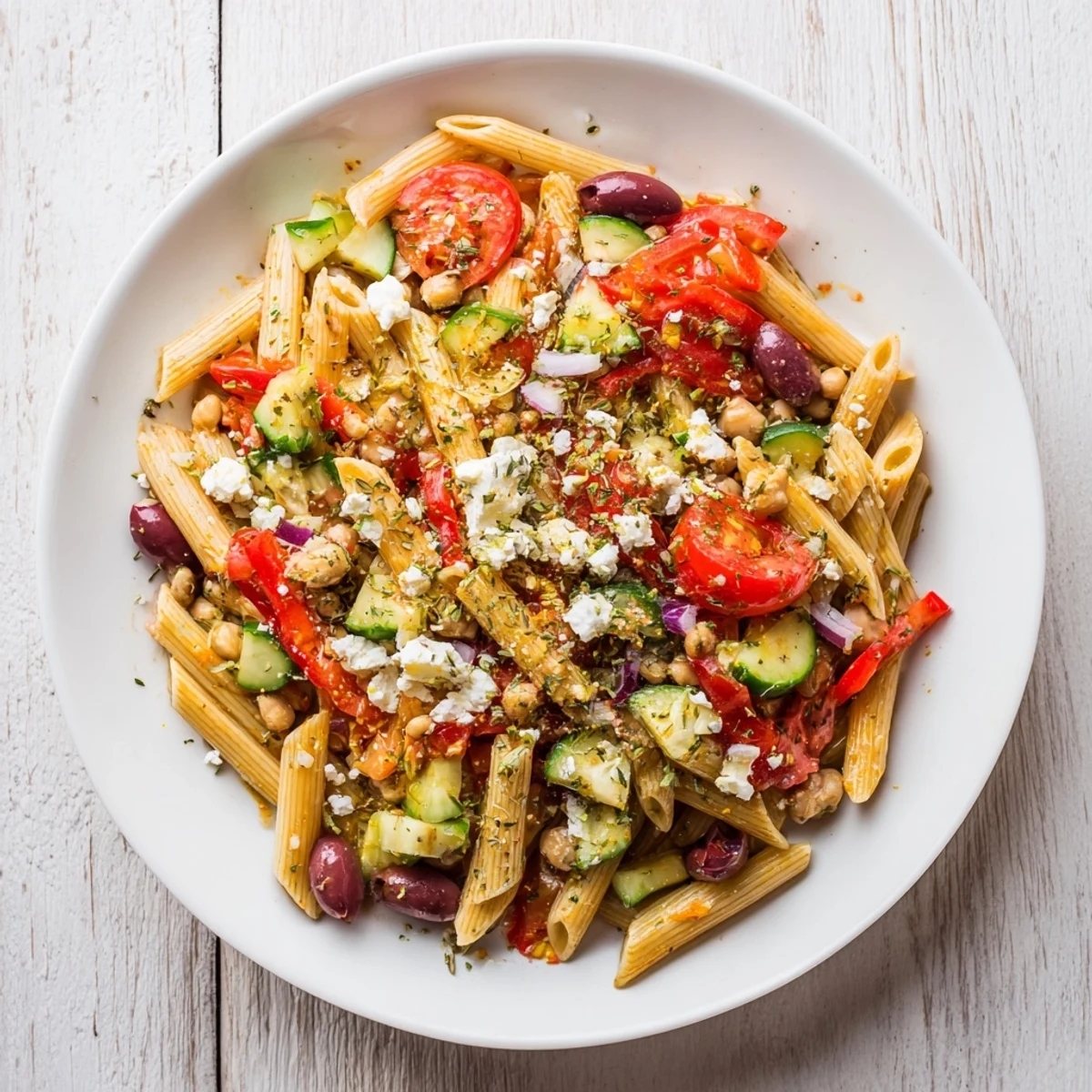 Bright Mediterranean Pasta Salad overflowing with colorful vegetables and creamy feta cheese.