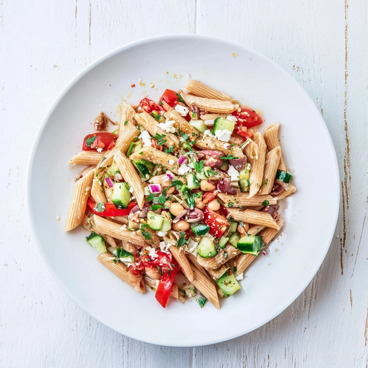 A close-up shot of the fresh Mediterranean Pasta Salad with chickpeas, ready to enjoy.