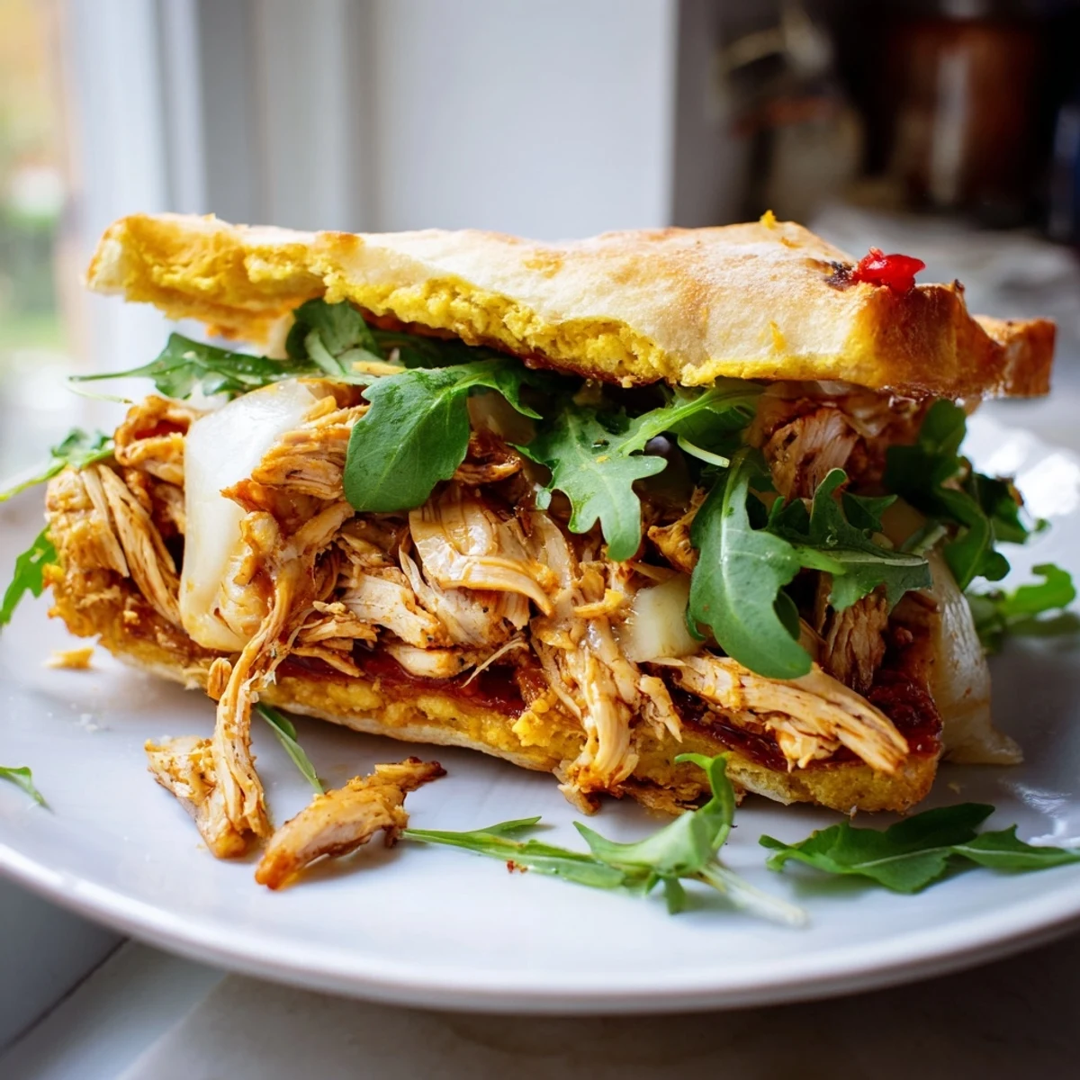 Golden, cheesy Leftover Pizza Chicken Sandwich, overflowing with shredded chicken and peppery arugula, ready to eat.