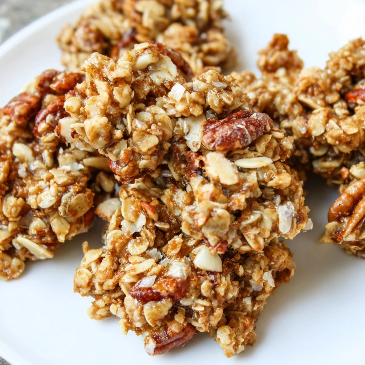 Golden, crunchy honey nut granola clusters, a perfect breakfast or snack, ready to enjoy.