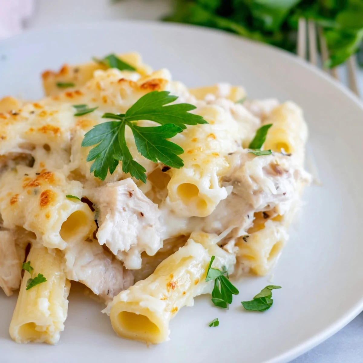 Golden, bubbly Chicken Alfredo Bake with perfectly melted cheese ready to serve and enjoy.