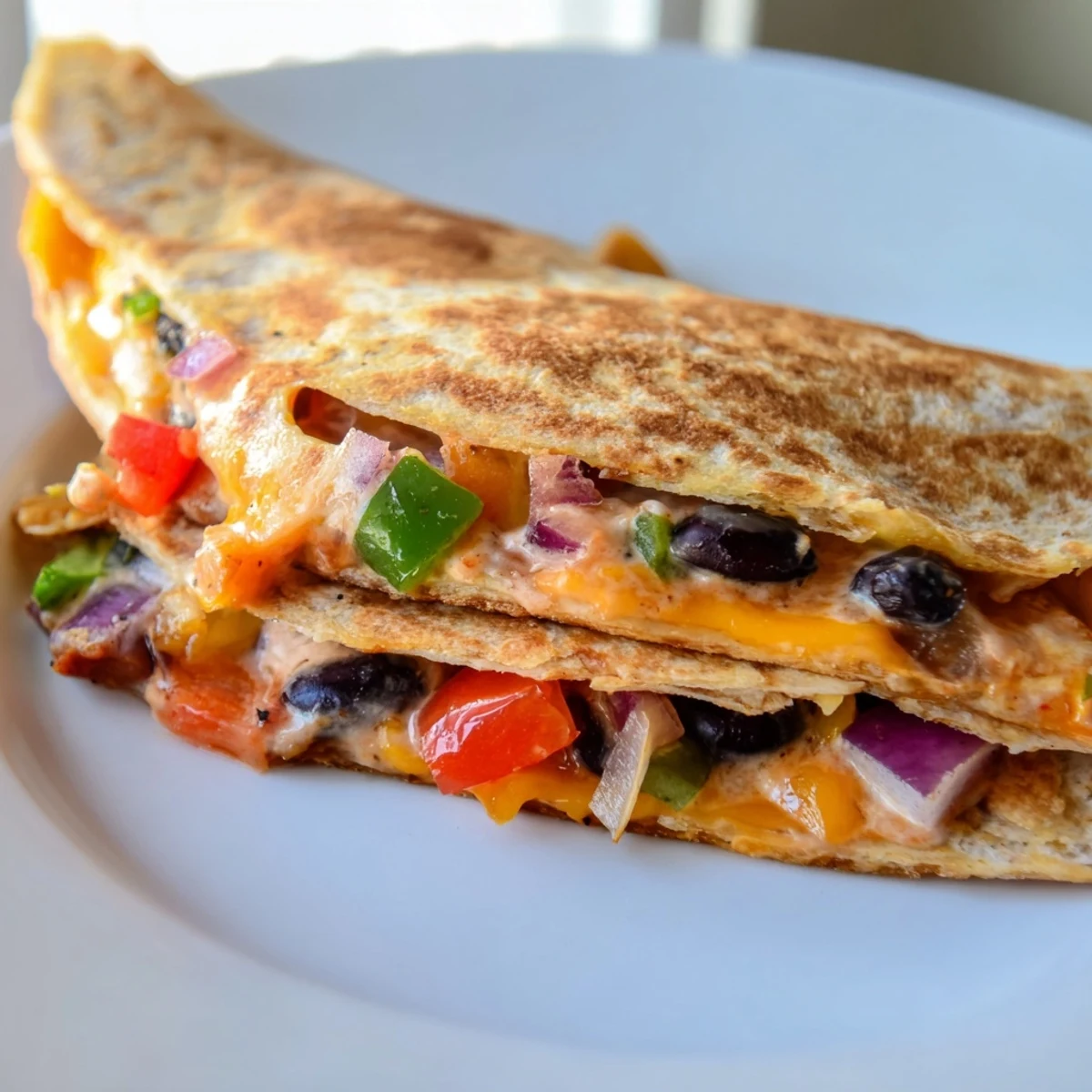 Golden, cheesy black bean quesadilla sliced, ready to serve with fresh cilantro and salsa.