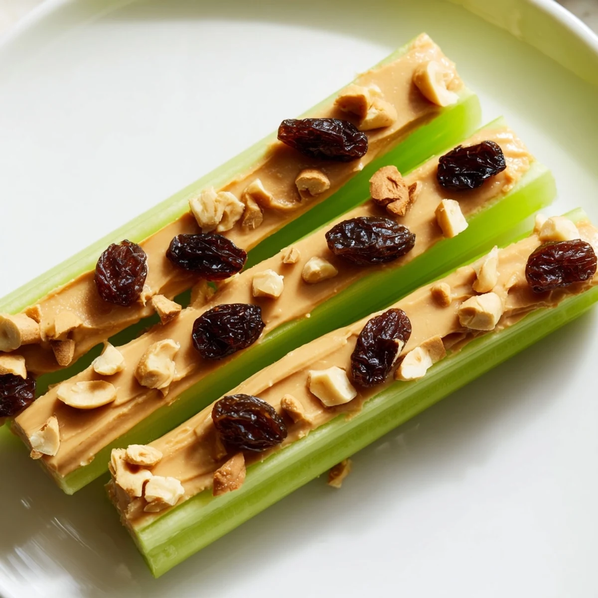 A close-up of Peanut Butter Celery Sticks, showcasing the crunchy celery and smooth peanut butter filling for a quick bite.