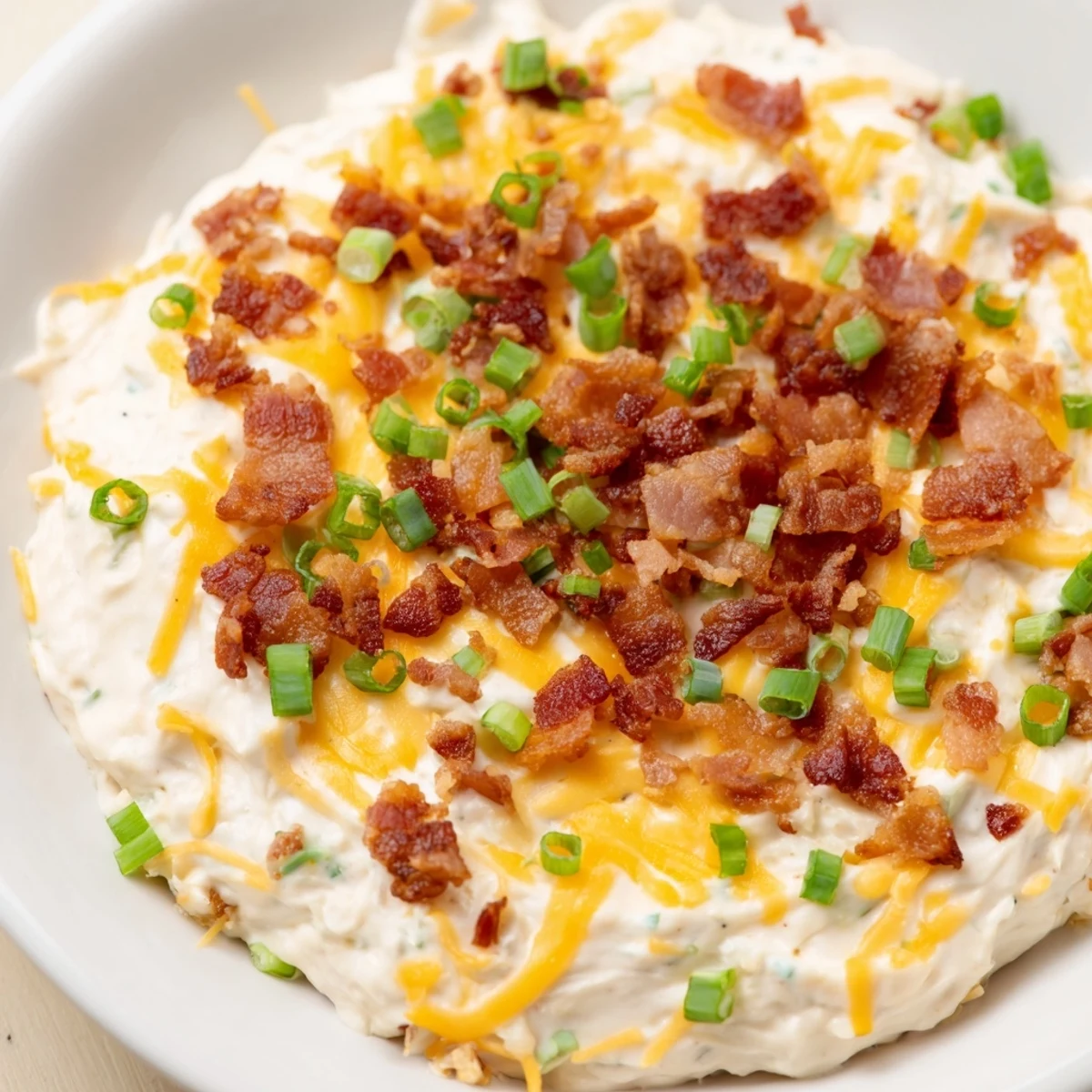 Warm, gooey Cheesy Bacon Ranch Dip fresh from the oven, served with a colorful assortment of chips.