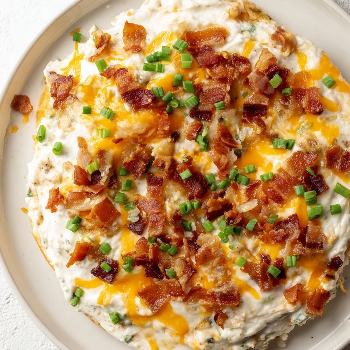 Cheesy Bacon Ranch Dip: a bubbling, golden appetizer with crispy bacon bits, ready to be scooped up.