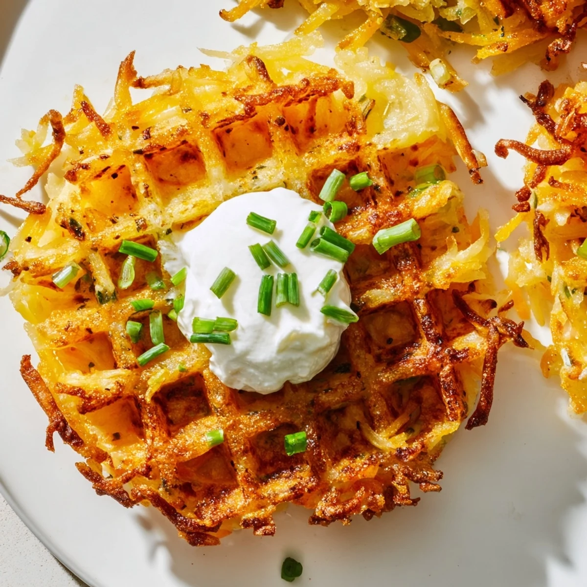 Golden brown, crispy Cheesy Hash Brown Waffles, served with fresh chives and sour cream for brunch.