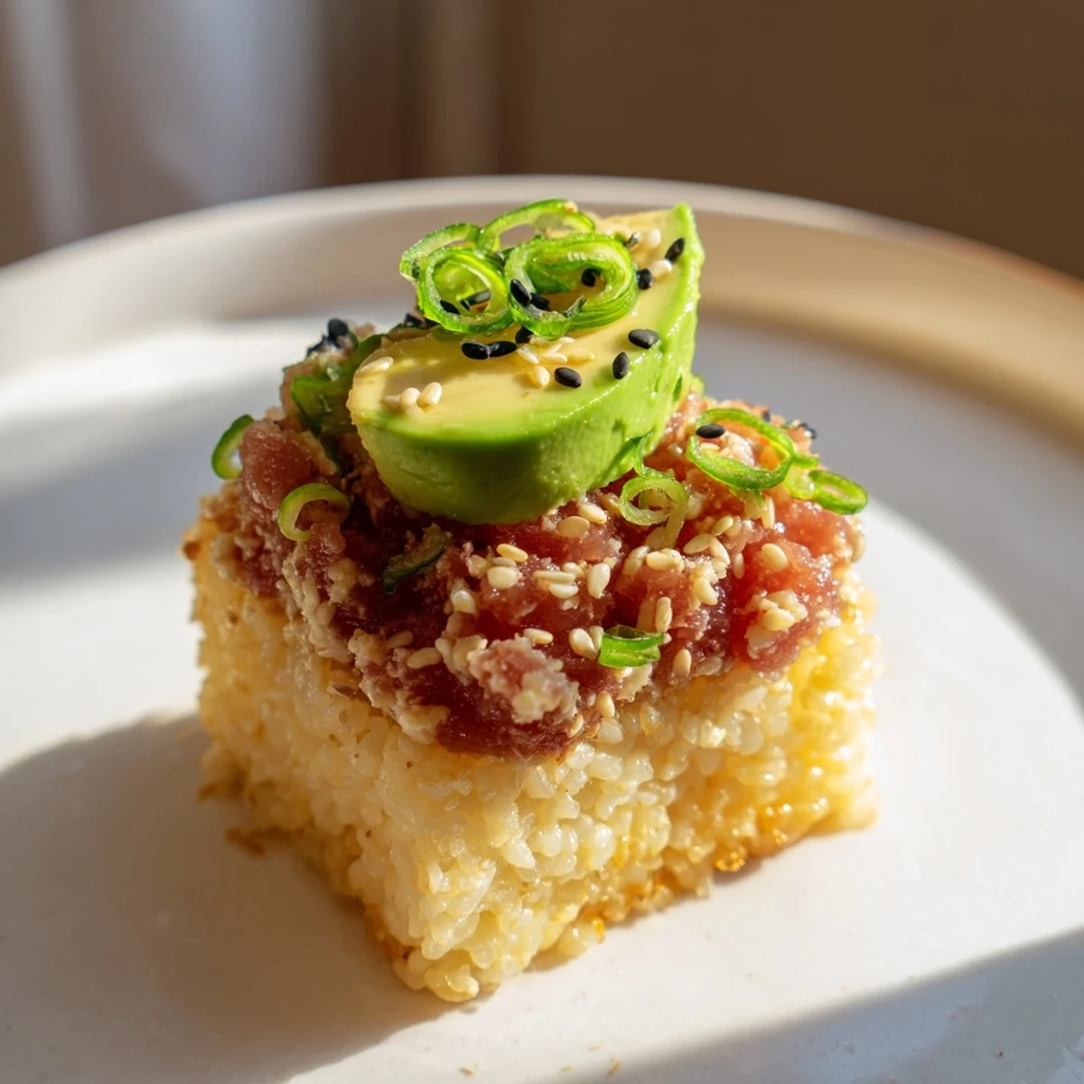 Golden, crispy Spicy Tuna Crispy Rice squares topped with vibrant red spicy tuna and avocado.