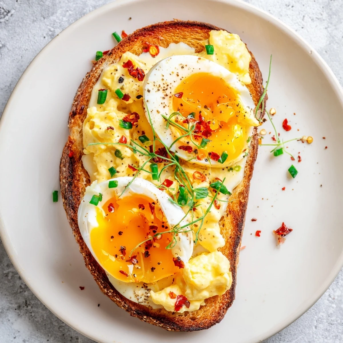 Golden, toasted bread supporting a delicious Egg Flight Toast, showcasing three egg preparations ready to enjoy.