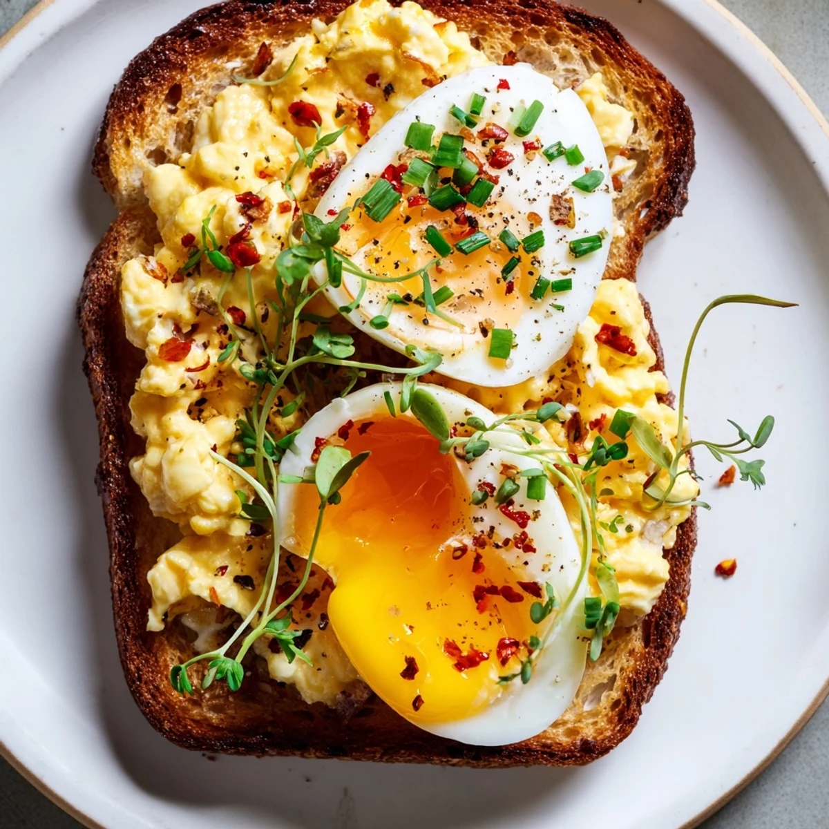 Breakfast Egg Flight Toast featuring fluffy scrambled, soft-boiled, and fried eggs, a flavorful trio on toasted bread.