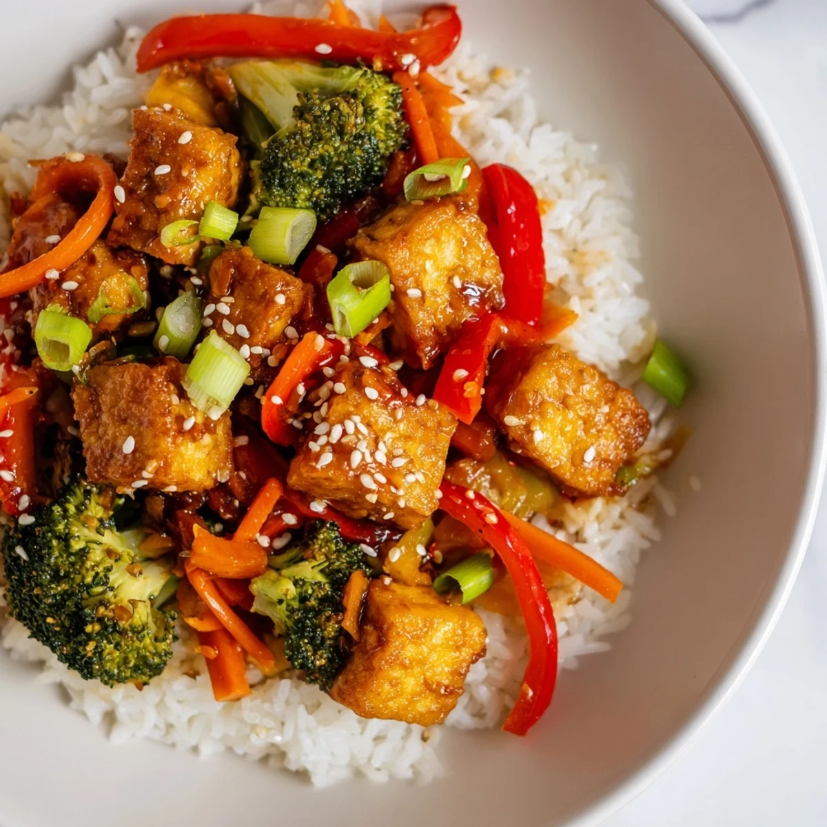 A beautiful bowl with fluffy rice and delicious Honey Garlic Tofu Bowls topped with sesame seeds, ready to eat.