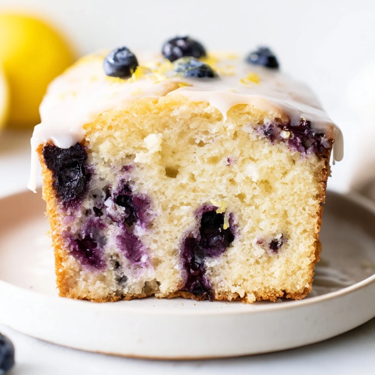 A slice of tender, moist Lemon Blueberry Yogurt Loaf showcasing a perfect crumb and fresh blueberries.