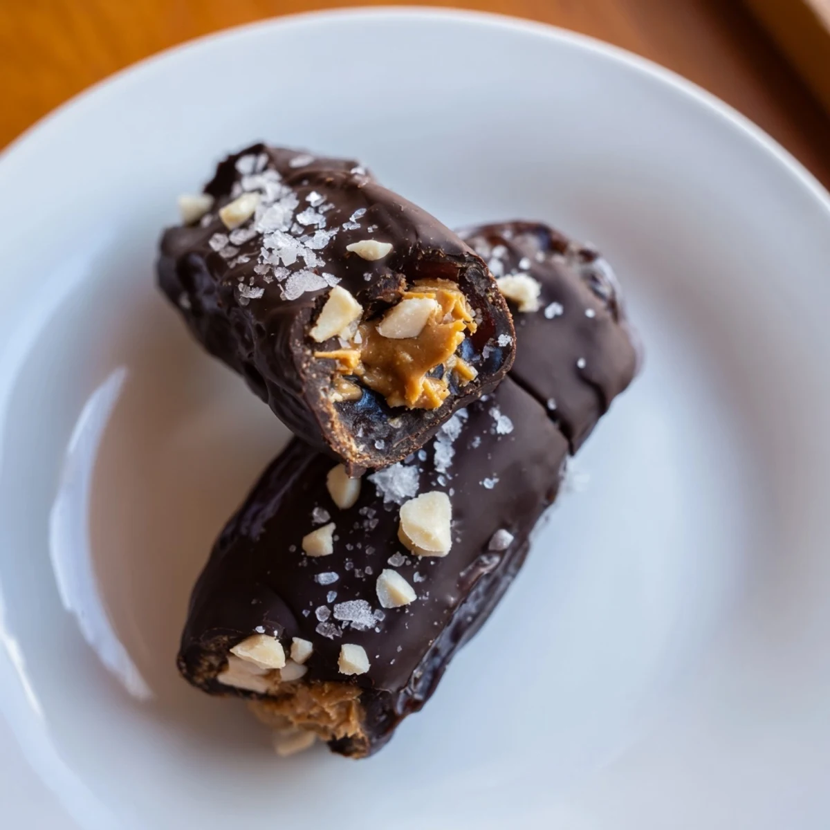 Dark chocolate-covered Chocolate Date Snickers with peanut filling, arranged beautifully on parchment paper.