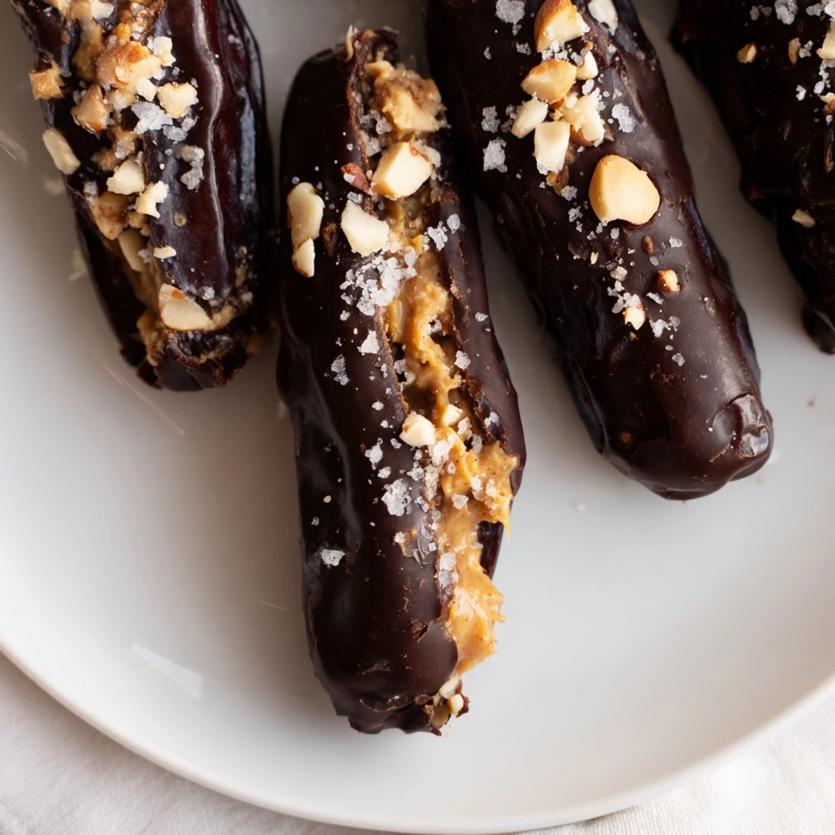 A close-up of decadent Chocolate Date Snickers, with rich dark chocolate, appealing peanut butter.