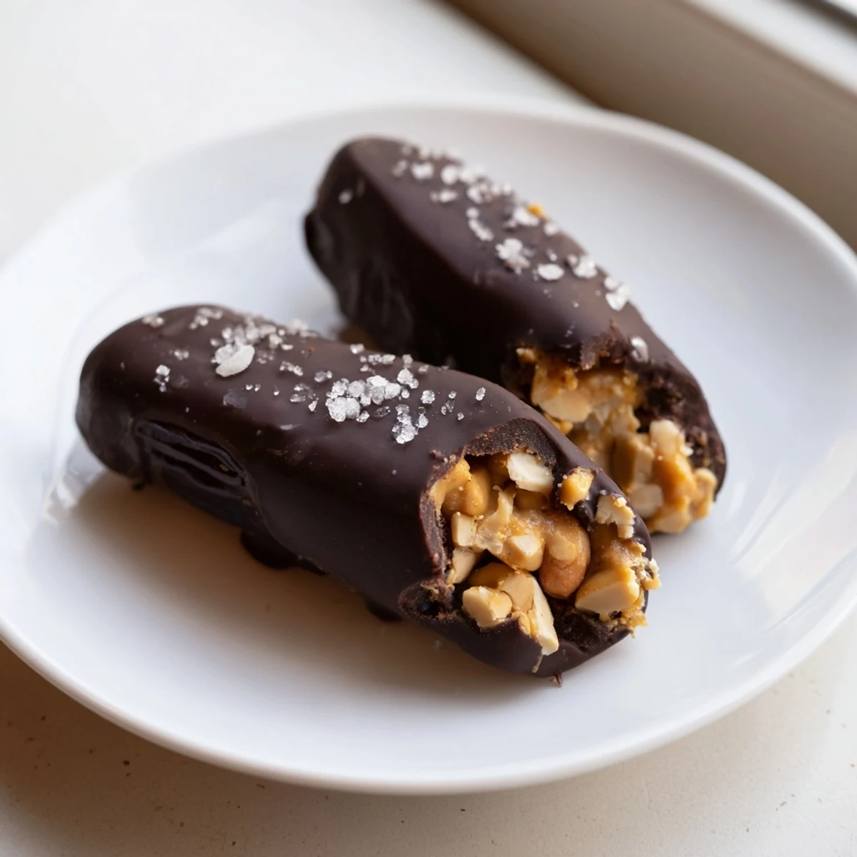 Freshly made Chocolate Date Snickers, with visible peanuts, ready to enjoy as a sweet treat.
