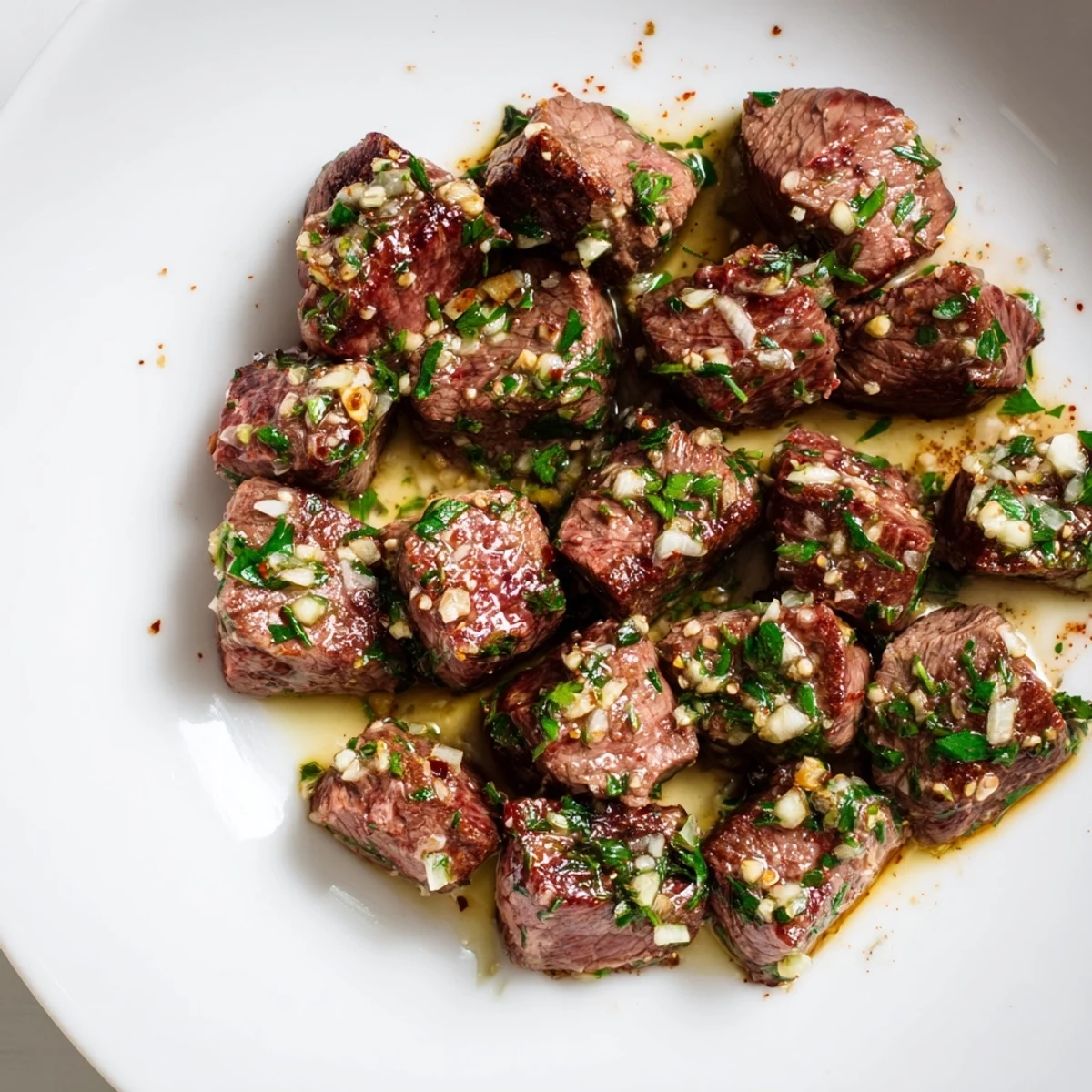 Garlic butter steak bites glistening, showing tender pieces coated in a rich, buttery sauce.