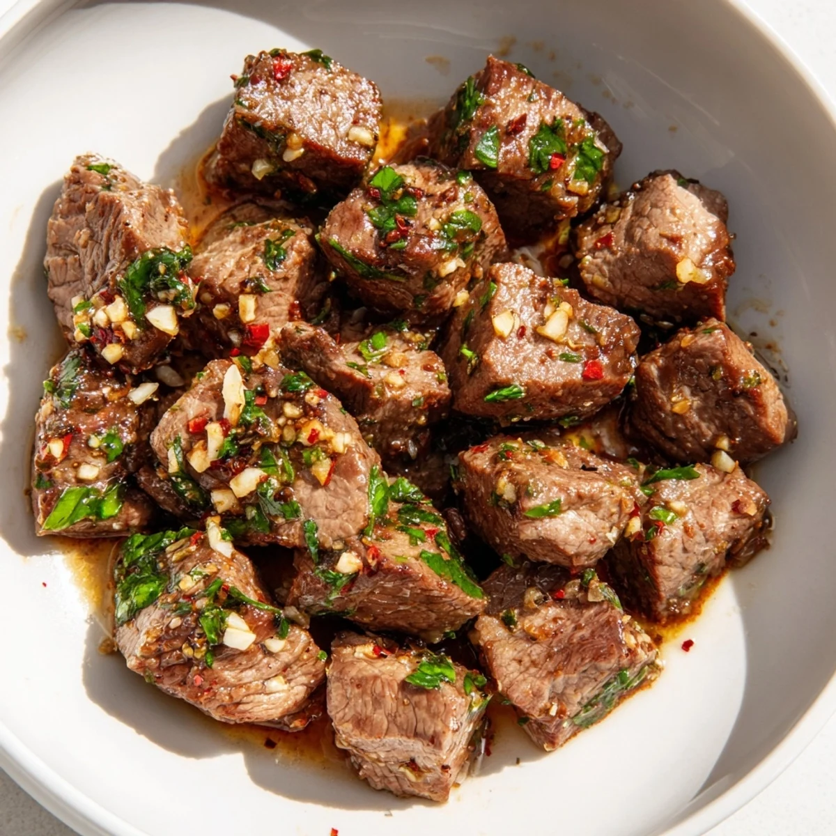 A close-up shot of savory garlic butter steak bites, ready to be served hot with pan drippings.
