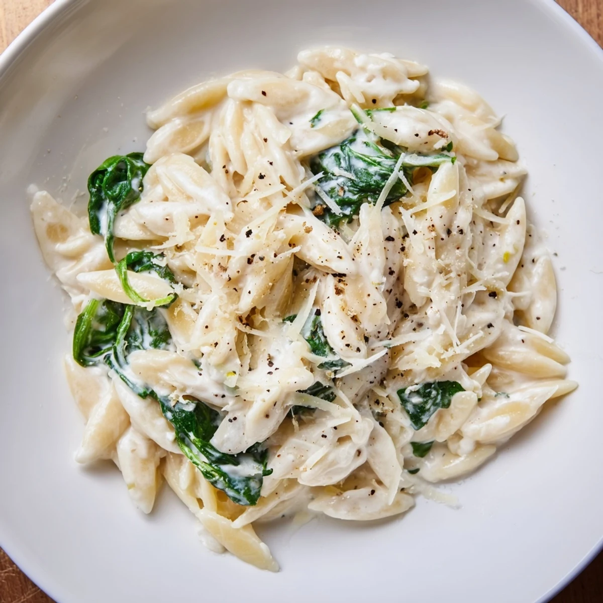 Creamy Spinach Orzo, a comforting one-pan pasta dish, looks creamy and delicious with wilted spinach.