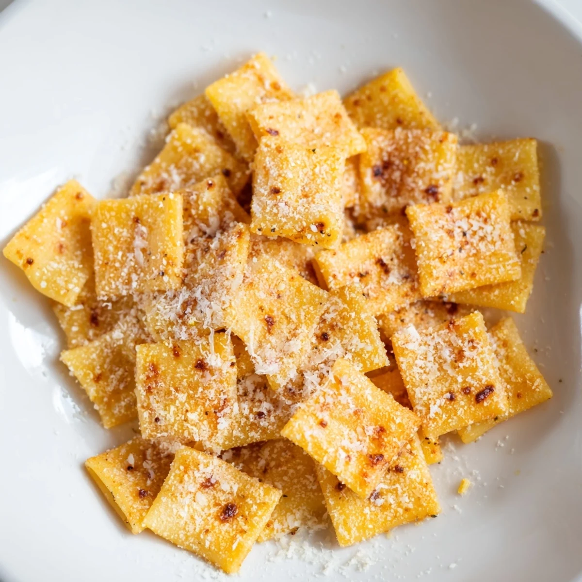 Air-fried pasta chips, a crunchy and flavorful treat, seasoned with Italian herbs, ready to enjoy.