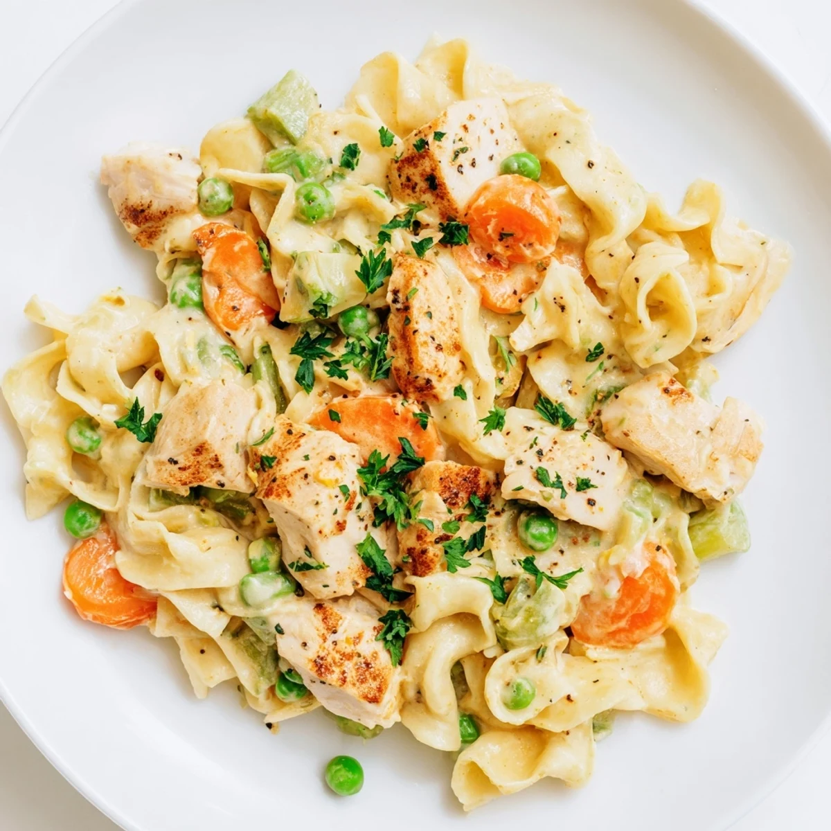 Creamy Chicken and Egg Noodles: A comforting, steaming bowl filled with hearty egg noodles and tender chicken.
