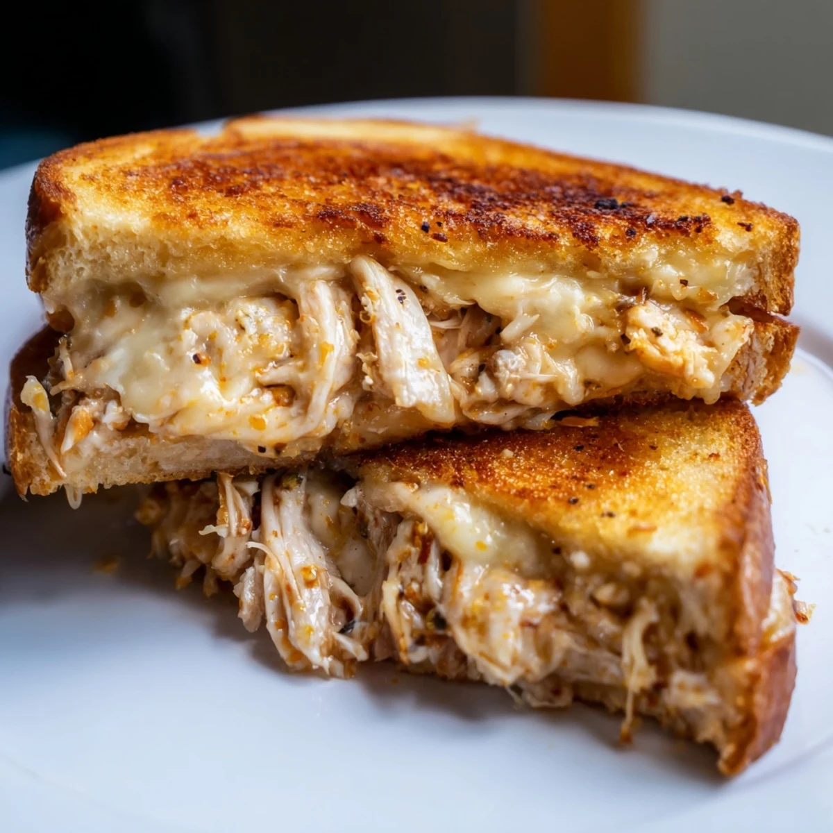 Golden-brown Chili Crisp Honey Chicken Grilled Cheese, oozing melted cheese and spicy chicken filling.