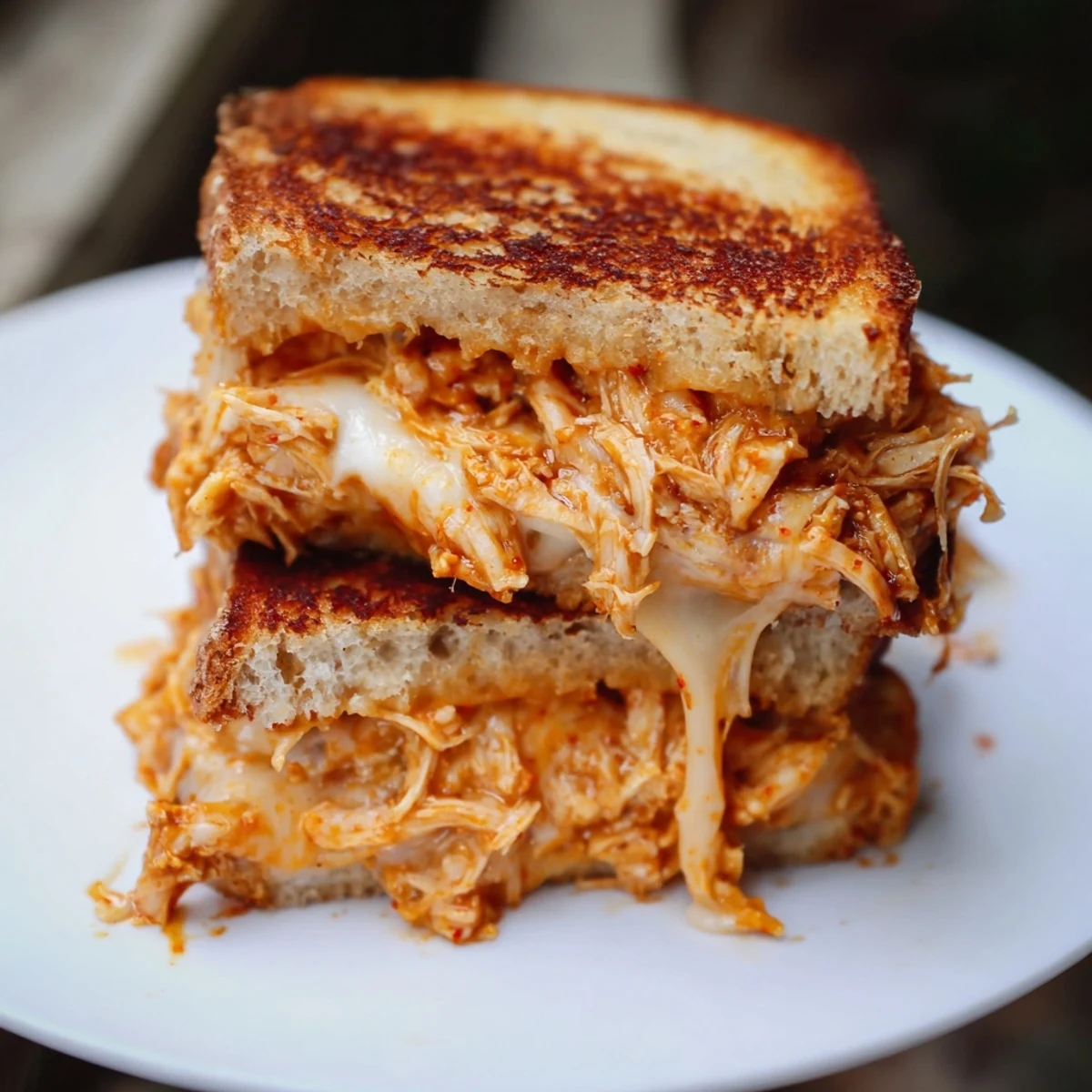 Toasted sourdough sandwich featuring the delicious flavors of Chili Crisp Honey Chicken Grilled Cheese.