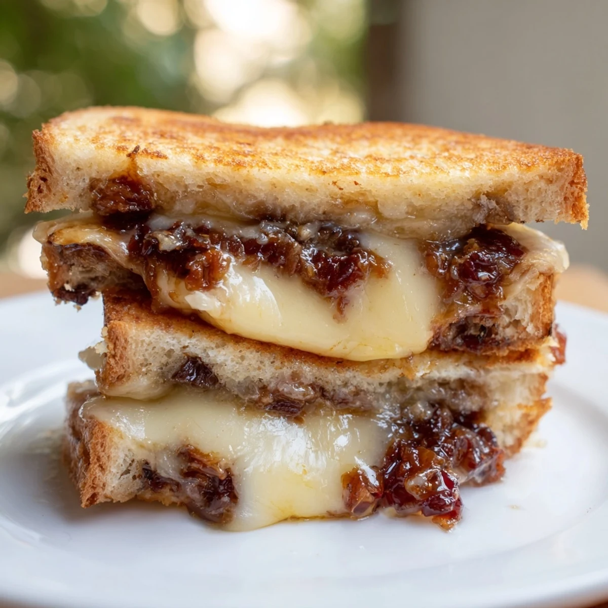 Mouthwatering Bacon Jam Grilled Cheese features crispy bacon, sharp cheddar, and gooey Gruyère between toasted bread.